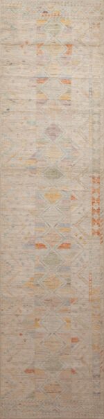 Light Cream And Pastel Color Tribal Geometric Design Modern Contemporary Hallway Runner Rug 11053 by Nazmiyal Antique Rugs