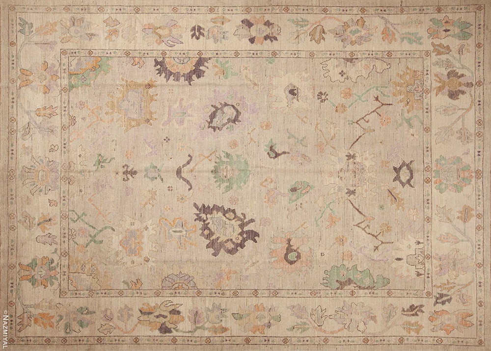 Neutral Pastel Color Modern Contemporary Classic Turkish Oushak Design Rug 11671 by Nazmiyal Antique Rugs