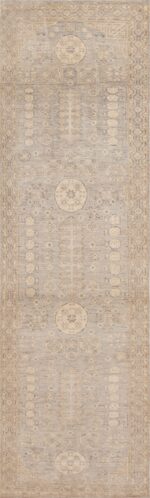 Soft Grey Neutral Color Khotan Pomegranate Design Modern Hallway Runner Rug 11213 by Nazmiyal Antique Rugs