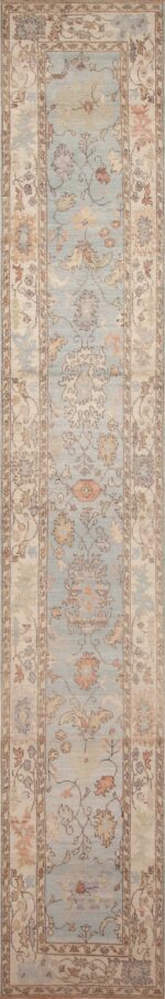 Tribal Light Blue Background Turkish Oushak Design Modern Long Hallway Runner Rug 11208 by Nazmiyal Antique Rugs