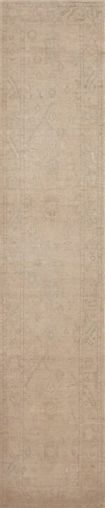 Tribal Neutral Cream Color Turkish Oushak Design Modern Hallway Runner Rug 11210 by Nazmiyal Antique Rugs