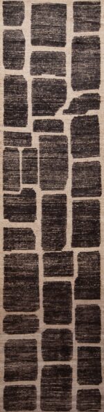 Tribal Primitive Geometric Block Design Charcoal and Cream Color Modern Hallway Runner Rug 11171 by Nazmiyal Antique RUgs