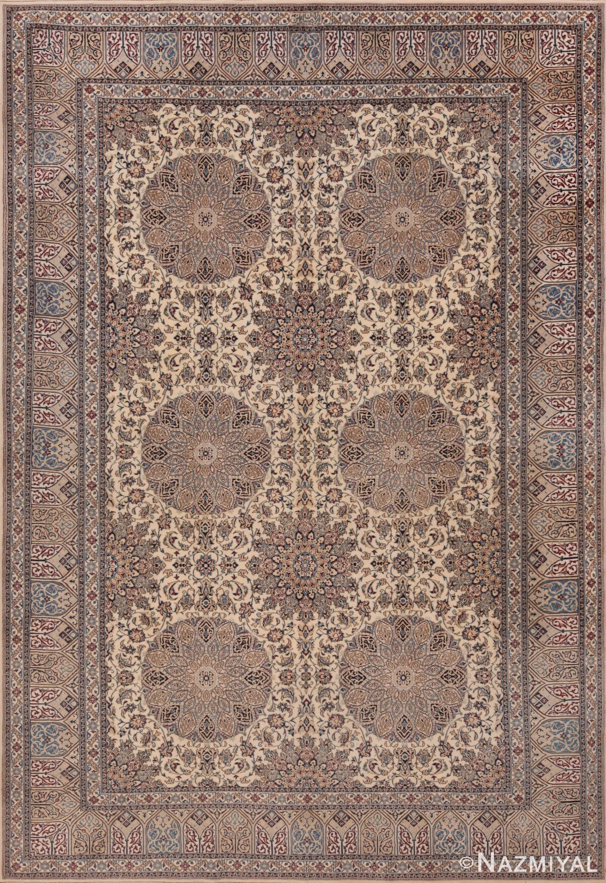 Classic Ivory and Blue Fine Silk and Wool Vintage Persian Nain Rug 72463 by Nazmiyal Antique Rugs