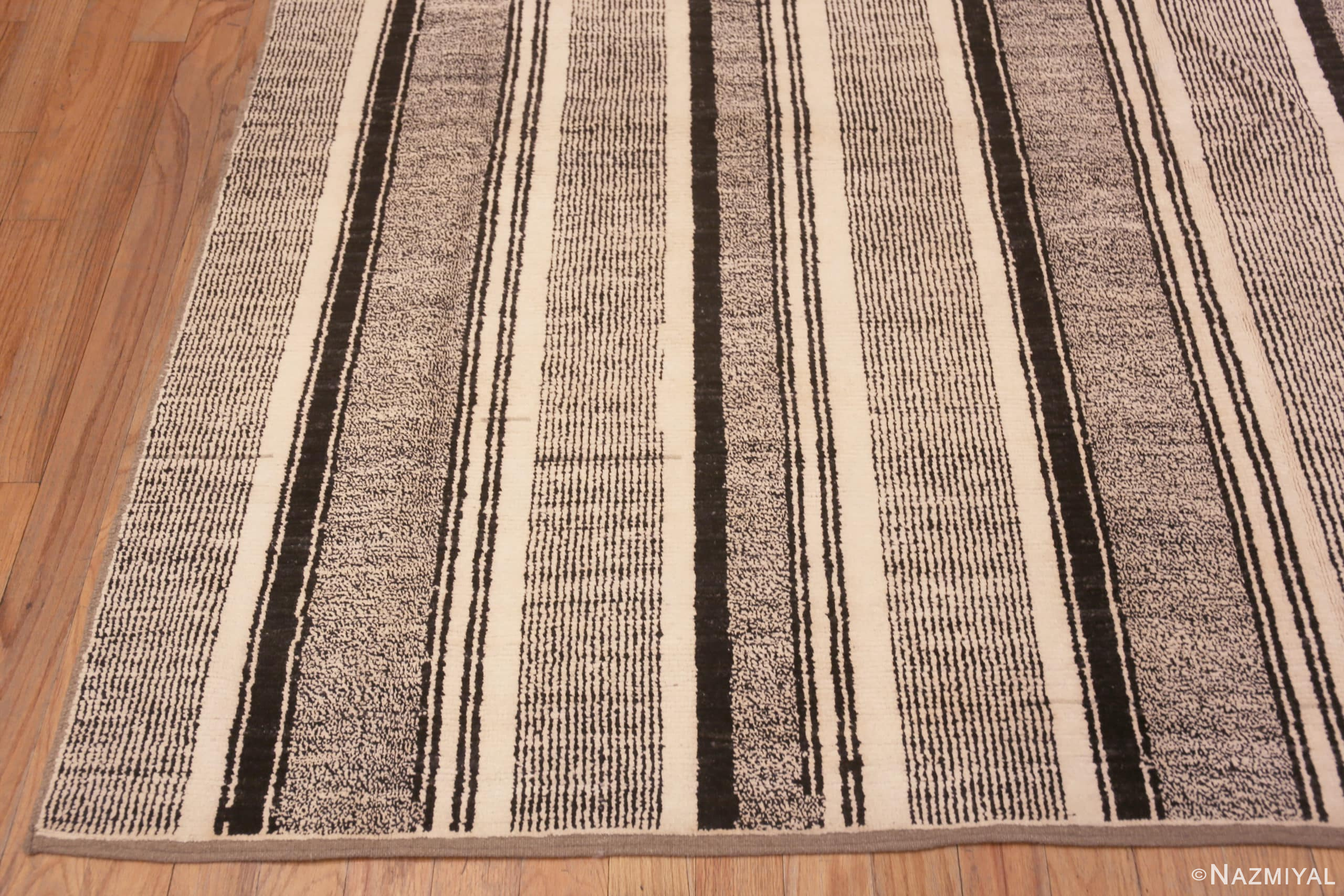 Corner of A Decorative Modern Room Size Stripped Design Black and White Color Contemporary Area Rug 11355 by Nazmiyal Antique Rugs