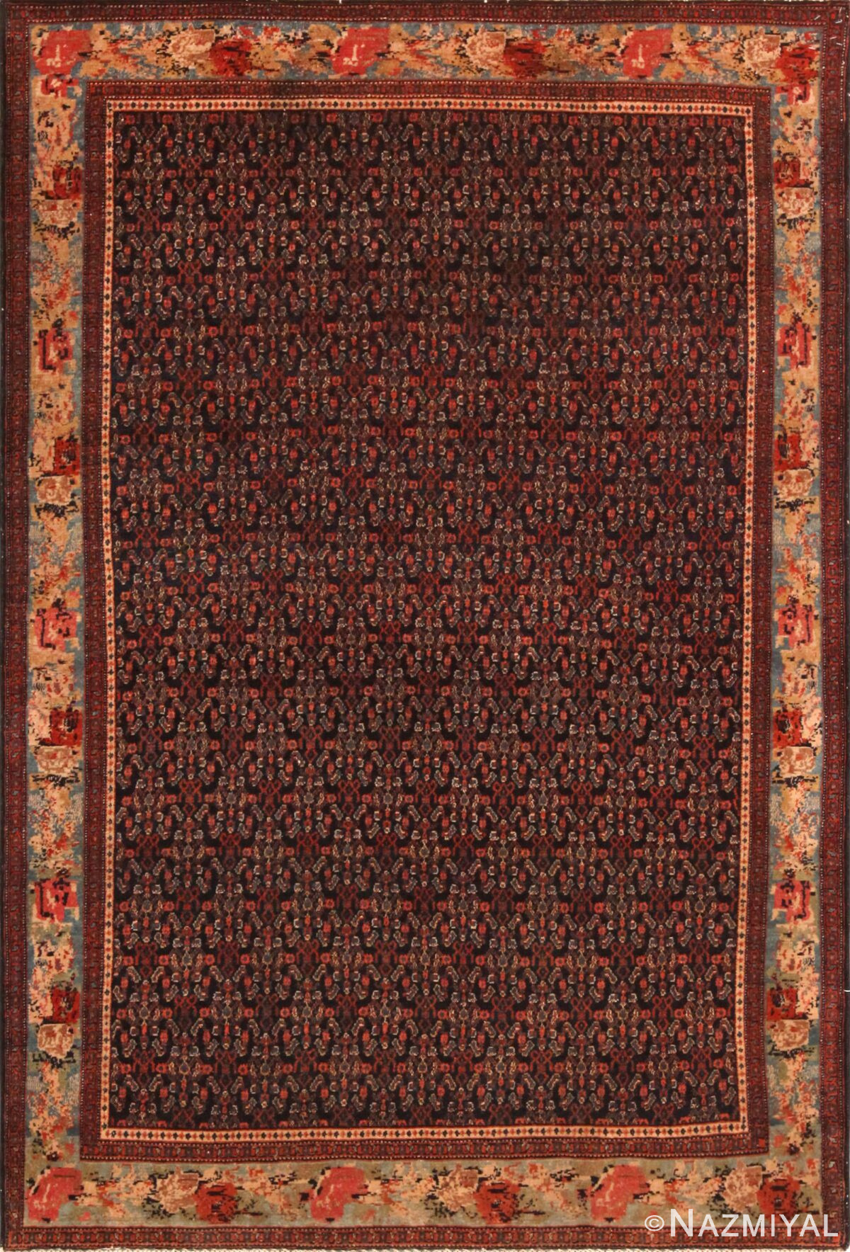 Fine Small Antique Blue Persian Herati Design Senneh Rug 72452 by Nazmiyal Antique Rugs