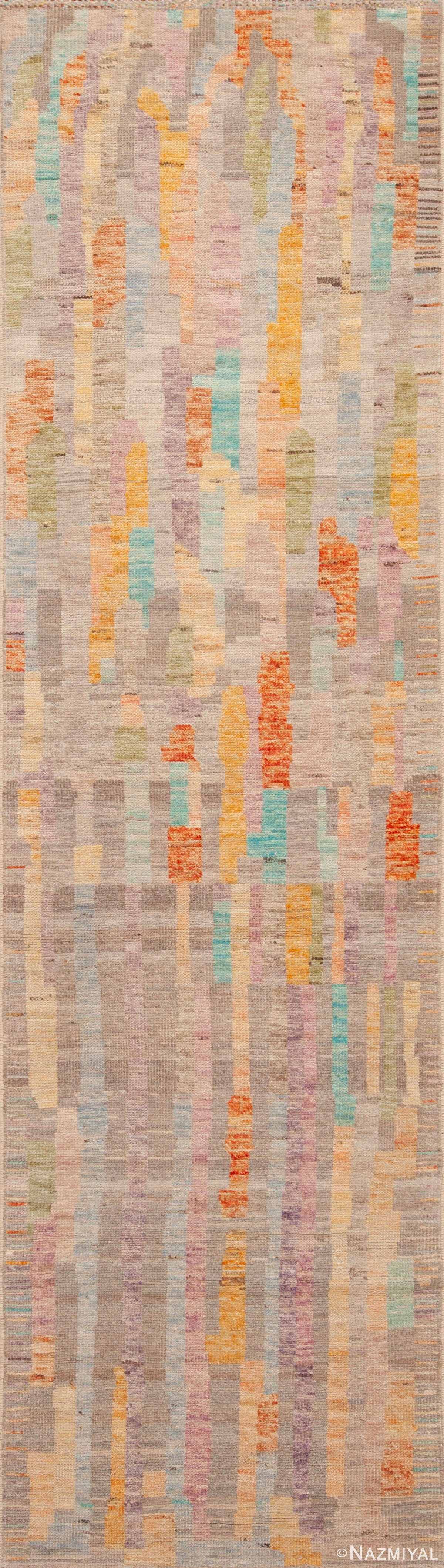 Grey Background Rustic Tribal Geometric Design Modern Hallway Runner Rug 11027 by Nazmiyal Antique Rugs