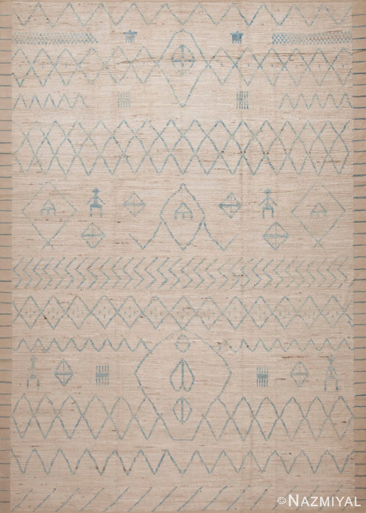 Beautiful Modern Cream Background With Light Blue Artistic Primitive Tribal Geometric Design Room Size Area Rug 11575 by Nazmiyal Antique Rugs