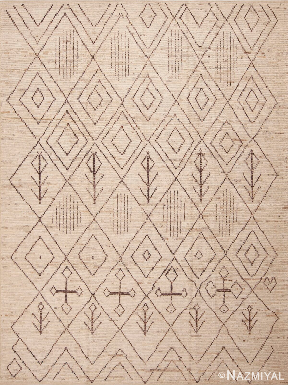 Captivating and Decorative Modern Ivory Cream Tribal Geometric Moroccan Beni Ourain Design Rug 11485 by Nazmiyal Antique Rugs