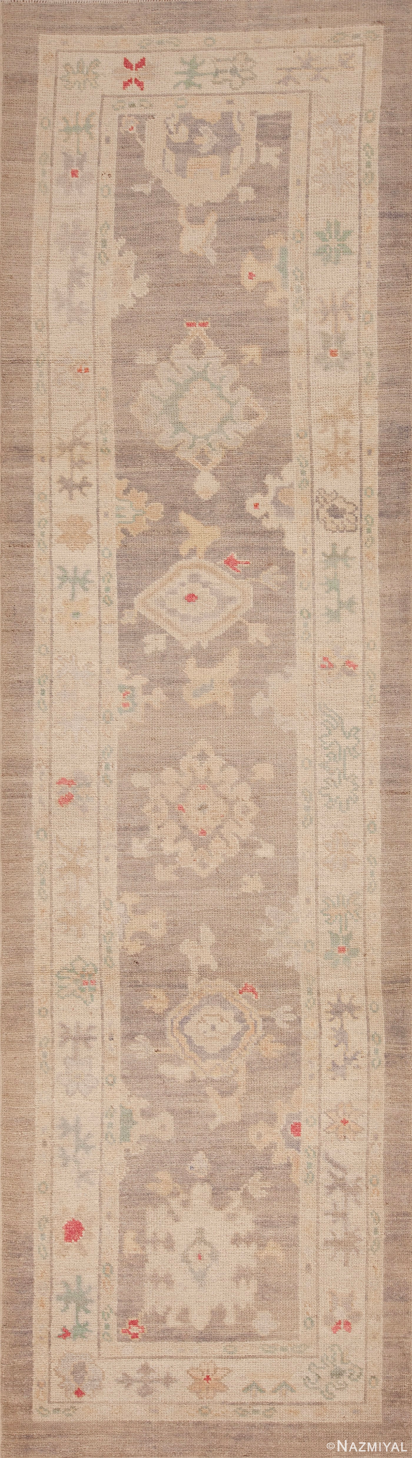 Soft Light Gray Pastel Color Tribal Geometric Turkish Oushak Design Modern Hallway Runner Rug 11202 by Nazmiyal Antique Rugs