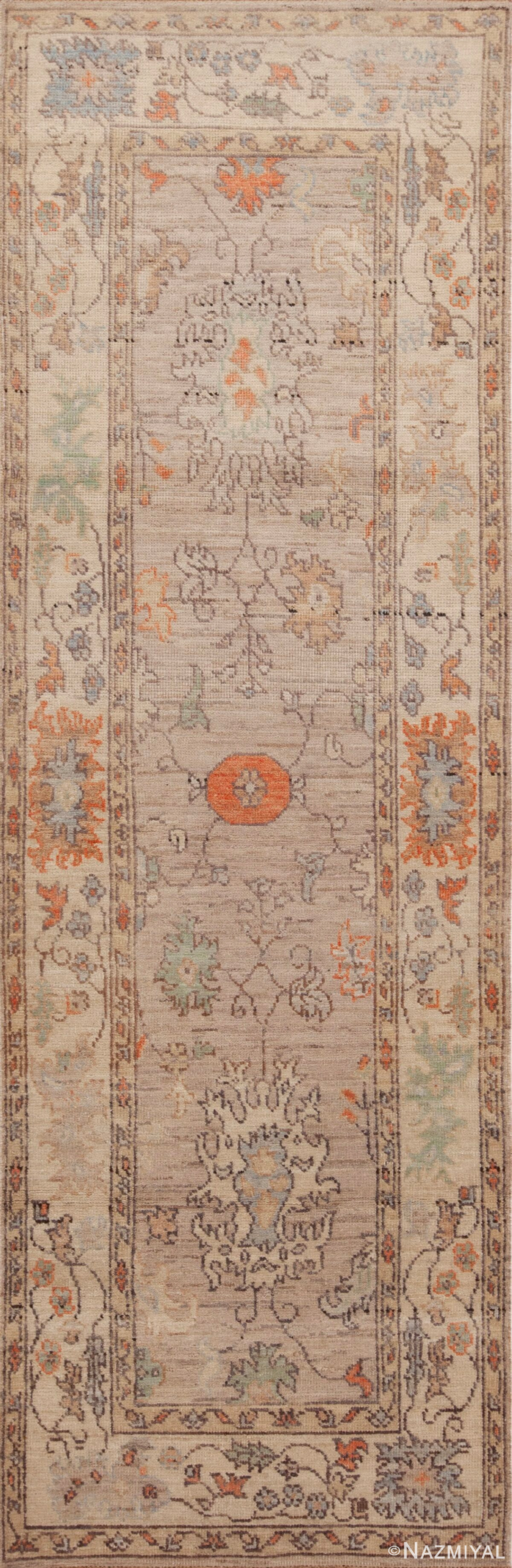 A Stunning Artistic Tribal Rustic Feel Decorative Ivory Cream Color Modern Turkish Oushak Design Runner Rug 11201 by Nazmiyal Antique Rugs