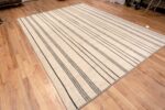Whole View of Minimalist Striped Cream Background Geometric Modern Area Rug 11473 by Nazmiyal Antique Rugs