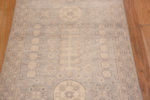 Close up of Light Neutral Grey Color Khotan Pomegranate Design Modern Hallway Runner Rug 11212 by Nazmiyal Antique rugs