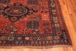 Corner of Captivating Rare Room Size Classic Red and Blue Color Tribal Antique Caucasian Flatweave Soumak Kilim Rug 72667 at Nazmiyal Antique Rugs