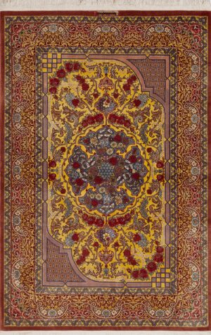 Fine Small Artistic Gold Color Luxurious Vintage Persian Silk Qum Rug 72773 by Nazmiyal Antique Rugs