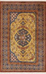 Fine Small Luxurious Silk Pile Gold Color Vintage Persian Qum Rug 72772 by Nazmiyal Antique Rugs