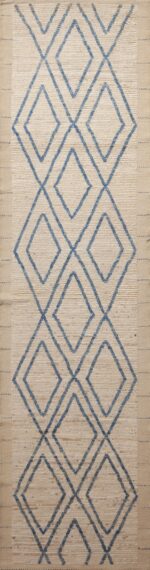 Light Ivory Cream Background With Light Blue Geometric Pattern Modern Hallway Runner Rug 11178 by Nazmiyal Antique Rugs