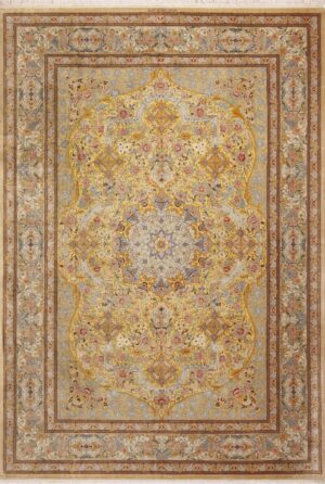 Luxurious Light Gold Color Fine Room Size Vintage Persian Silk Qum Rug 72746 by Nazmiyal Antique Rugs