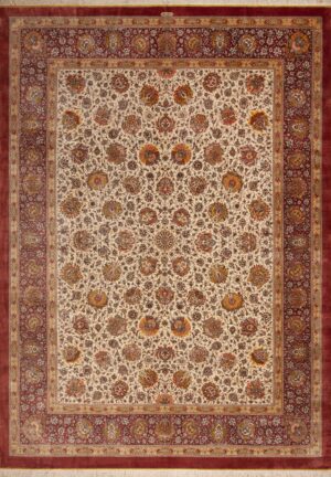 Luxurious Room Size Ivory Allover Floral Design Fine Vintage Silk Persian Qum Rug 72757 by Nazmiyal Antique Rugs