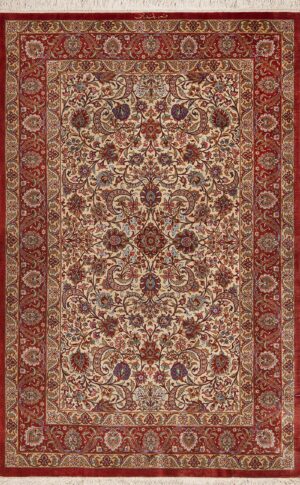 Luxurious Small Size Fine Weave Floral Design Vintage Ivory Persian Silk Qum Rug 70807 by Nazmiyal Antique Rugs