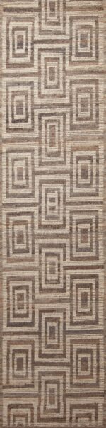 Modern Neutral Cream Background With Earthy Colo Tribal Geometric Pattern Hallway Runner Rug 11106 by Nazmiyal Antique Rugs