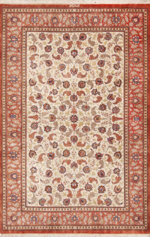 Small Fine Ivory Color Floral Design Vintage Persian Silk Qum Luxury Rug 70809 by Nazmiyal Antique Rugs