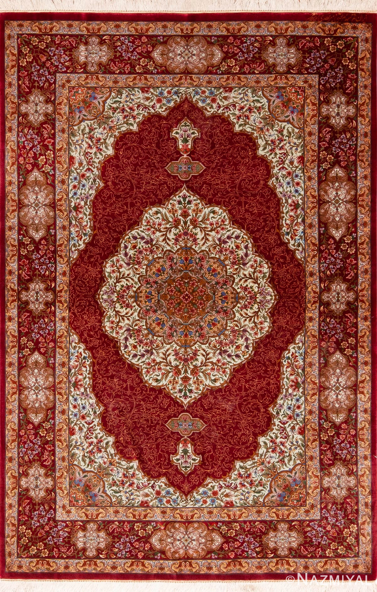 Fine Floral Small Luxurious Vintage Persian Silk Qum Rug 72784 by Nazmiyal Antique Rugs