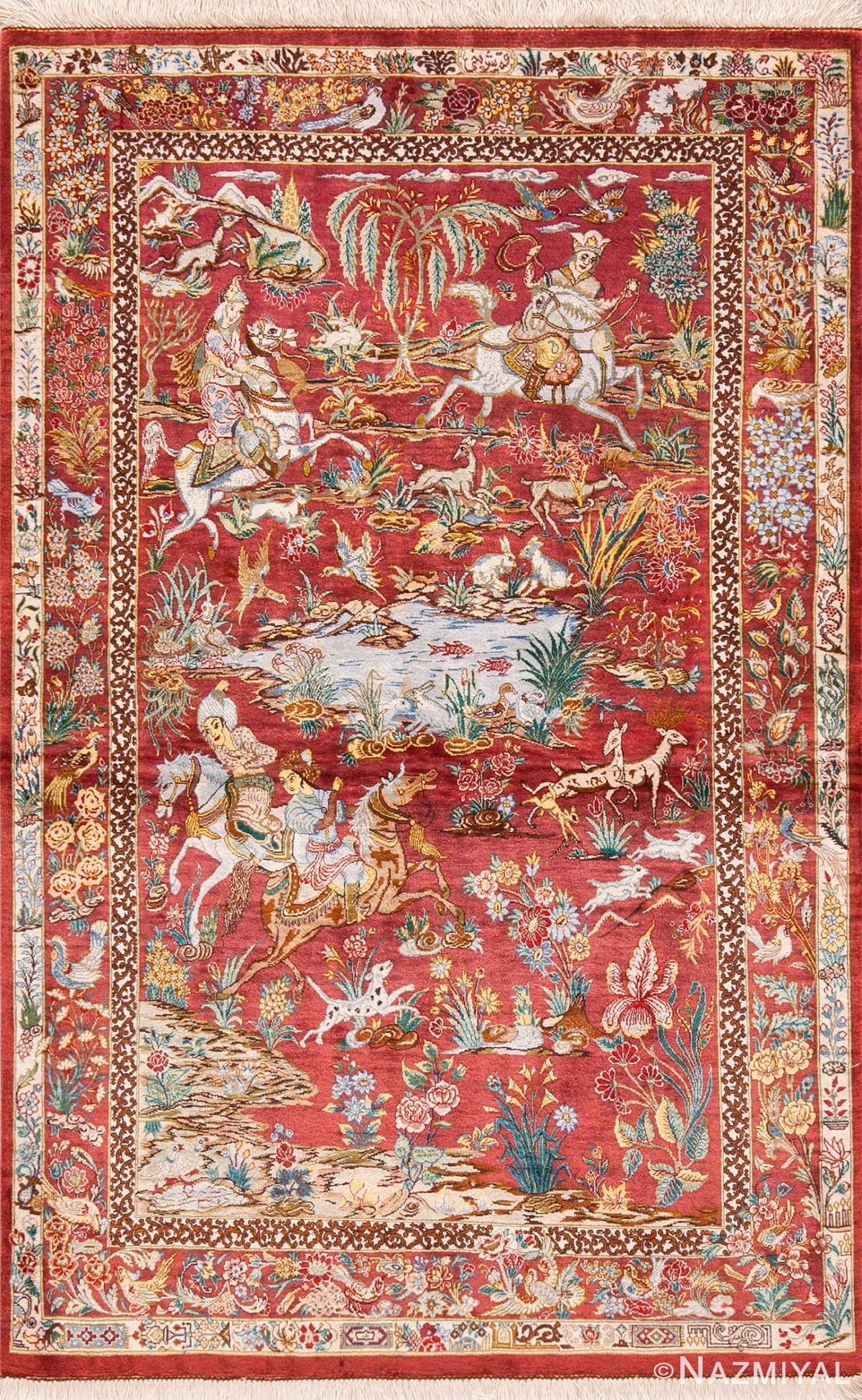 Fine Artistic Hunting Scene Design Small Vintage Persian Qum Silk Rug 72776 by Nazmiyal Antique Rugs