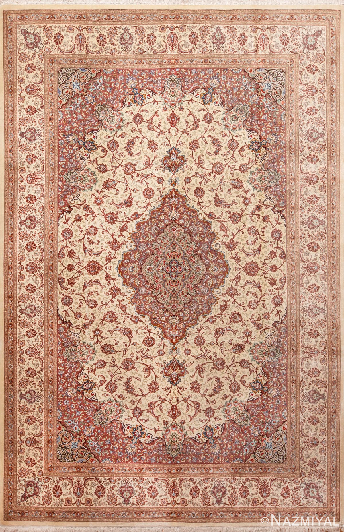 Fine Floral Room Size Vintage Luxurious Silk Persian Qum Medallion Rug 72750 by Nazmiyal Antique Rugs