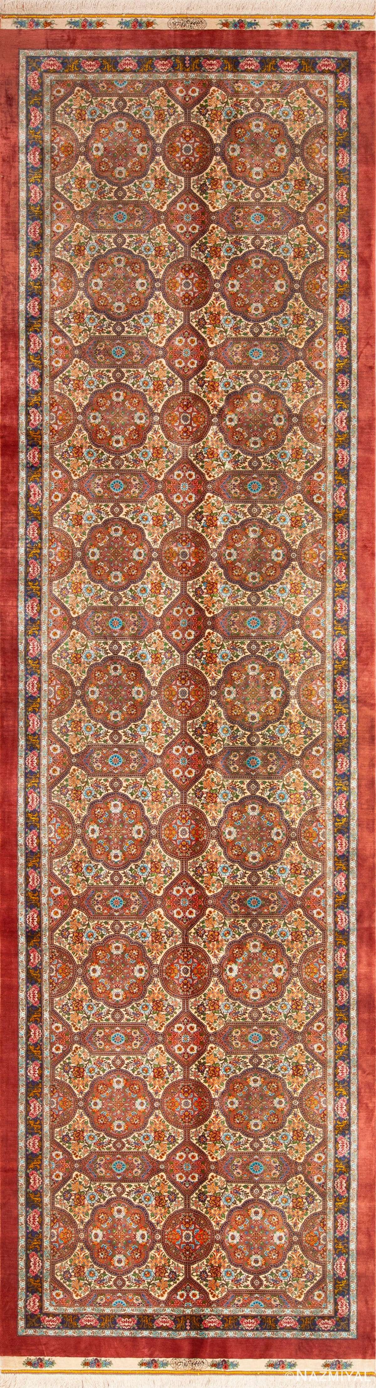 Fine Intricate Floral Vintage Persian Silk Qum Hallway Runner Rug 72754 by Nazmiyal Antique Rugs