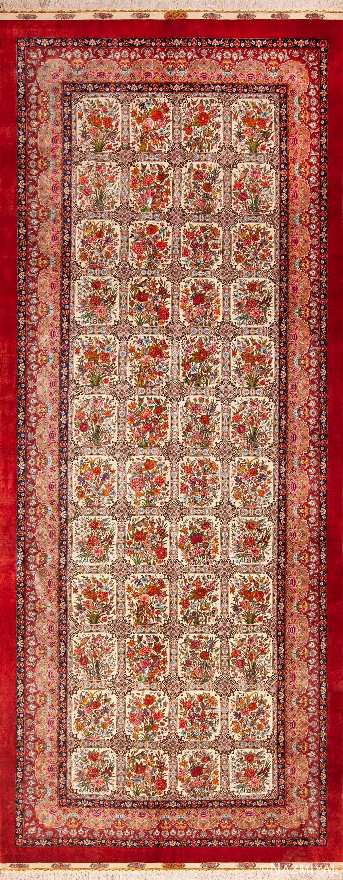 Fine Long Narrow Gallery Size Vintage Garden Design Silk Persian Qum Rug 72743 by Nazmiyal Antique Rugs