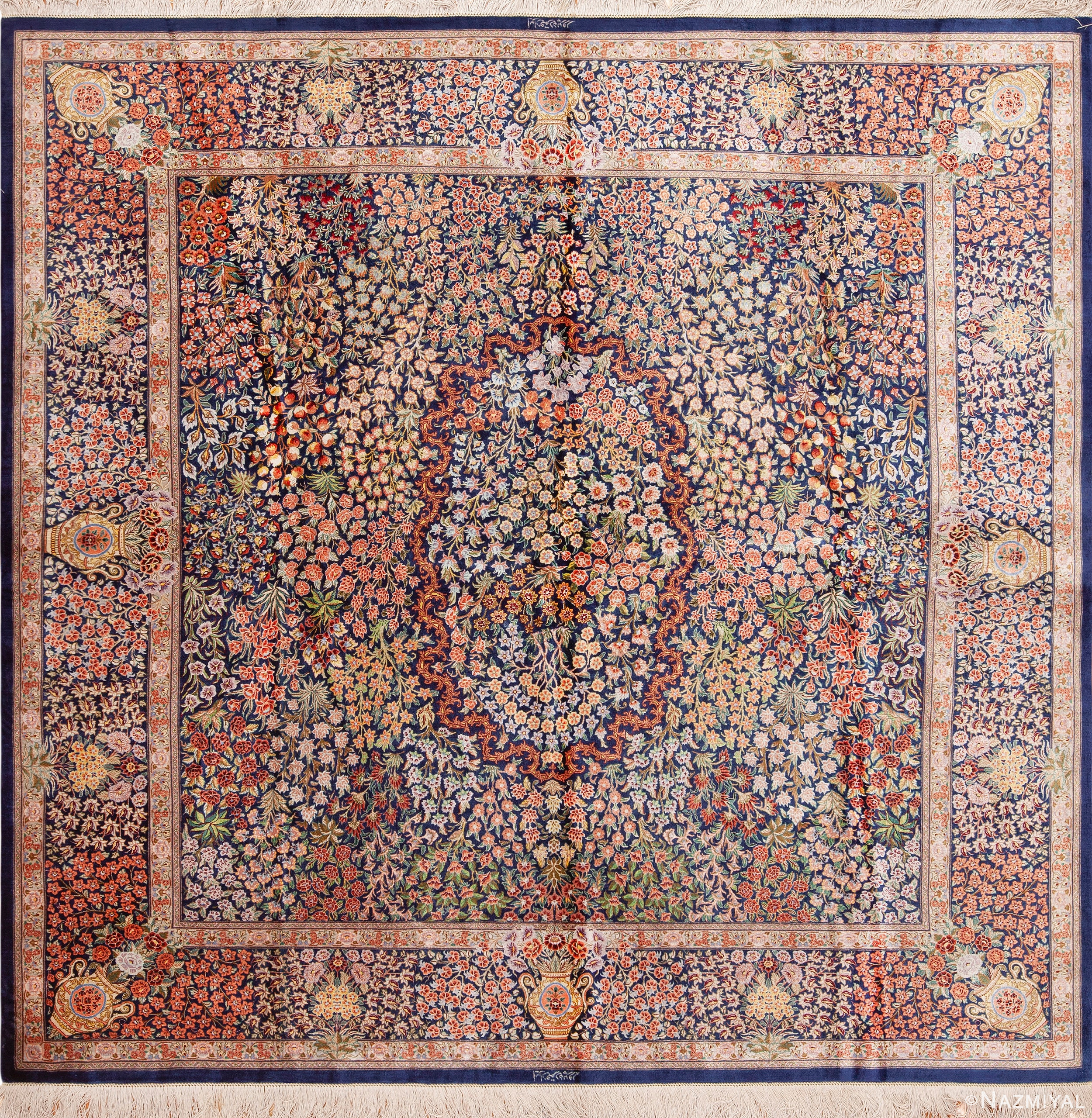 Fine Luxurious Intricate Floral Design Vintage Persian Silk Qum Square Shape Rug 72762 by Nazmiyal Antique Rugs