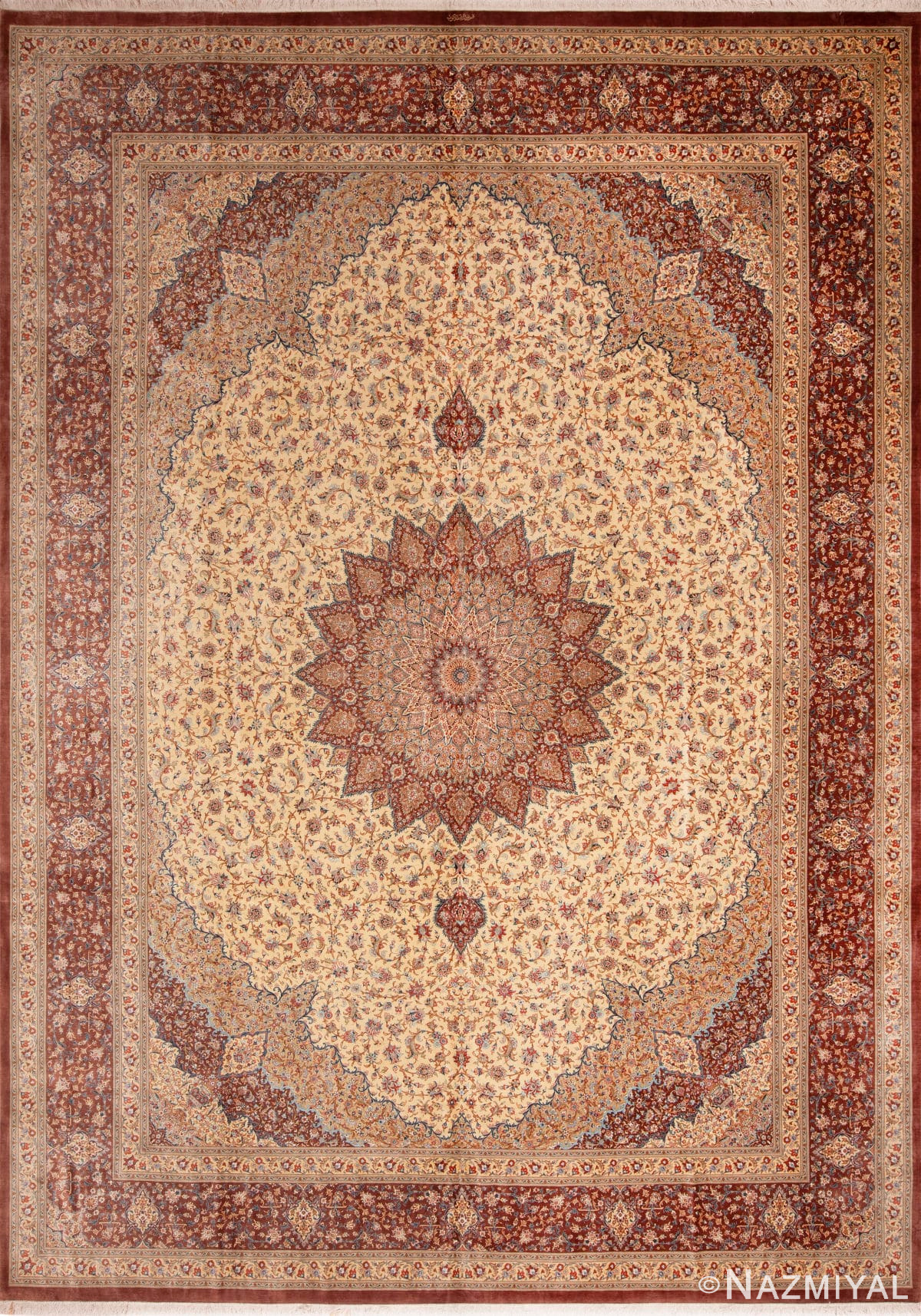 Fine Room Size Vintage Persian Luxury Gonbad Design Silk Qum Rug 72759 by Nazmiyal Antique Rugs