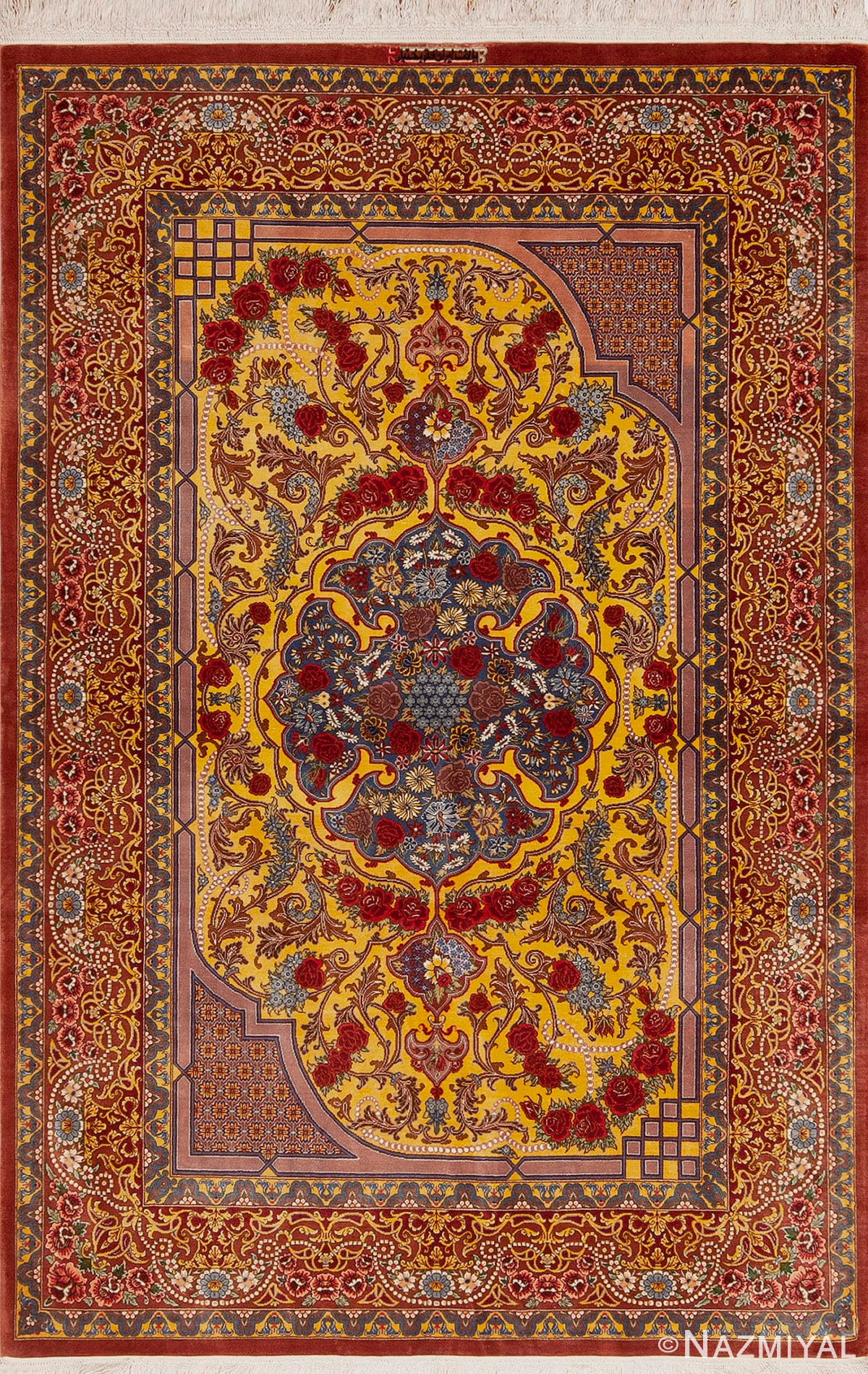 Fine Small Artistic Gold Color Luxurious Vintage Persian Silk Qum Rug 72773 by Nazmiyal Antique Rugs
