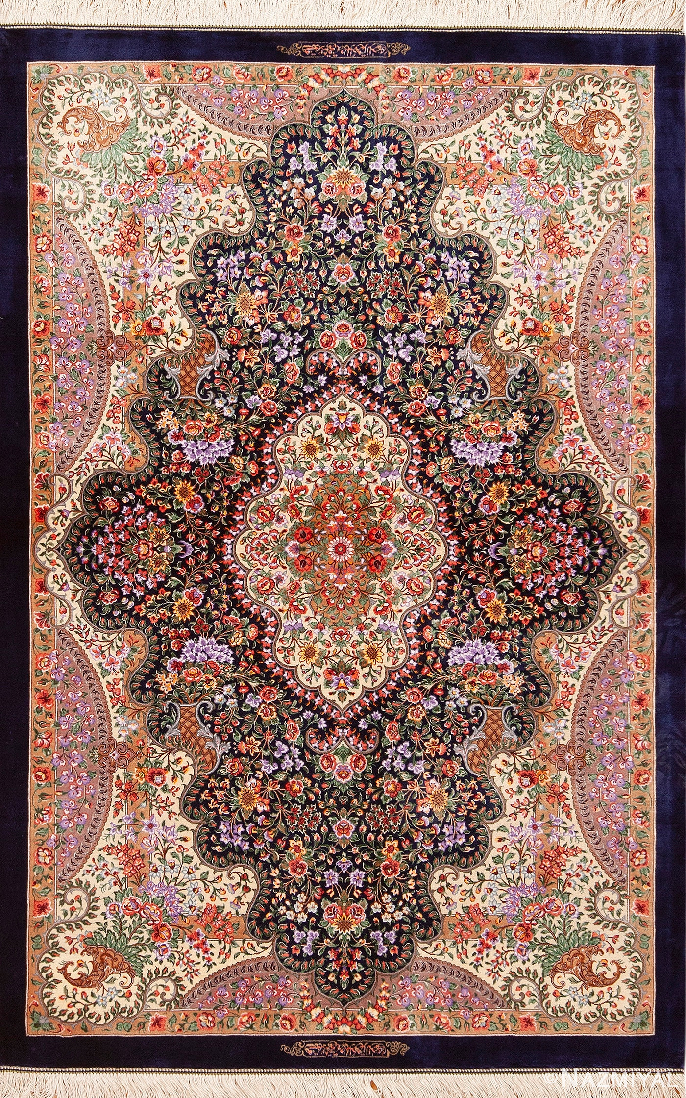 Luxurious Fine Small Size Vintage Floral Persian Silk Qum Rug 72765 by Nazmiyal Antique Rugs