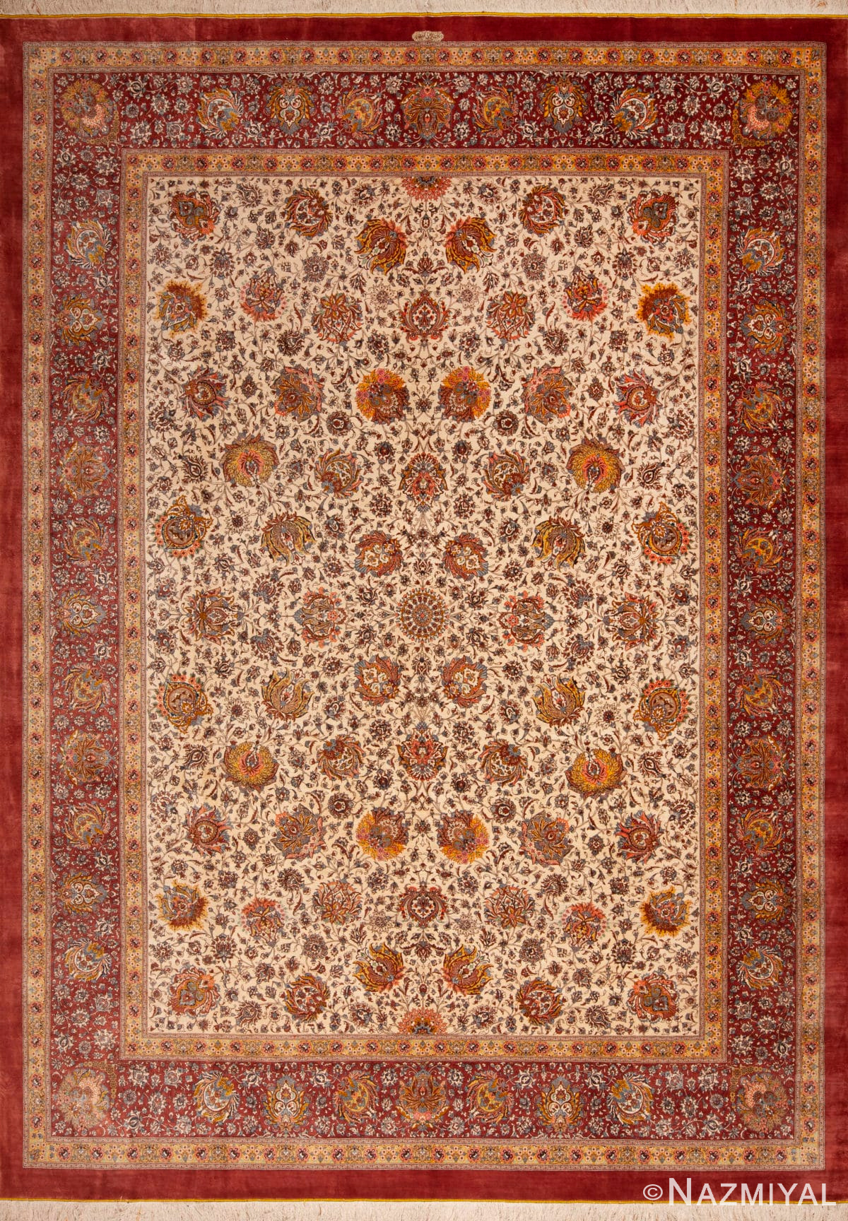 Luxurious Room Size Ivory Allover Floral Design Fine Vintage Silk Persian Qum Rug 72757 by Nazmiyal Antique Rugs