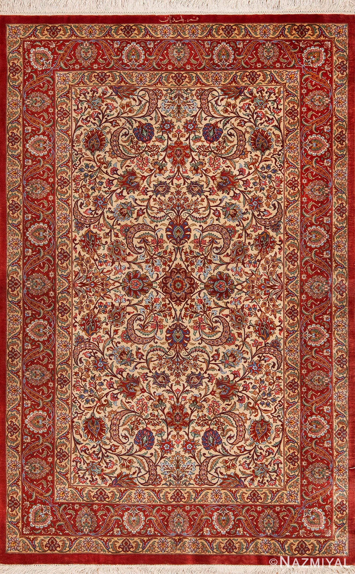 Luxurious Small Size Fine Weave Floral Design Vintage Ivory Persian Silk Qum Rug 70807 by Nazmiyal Antique Rugs