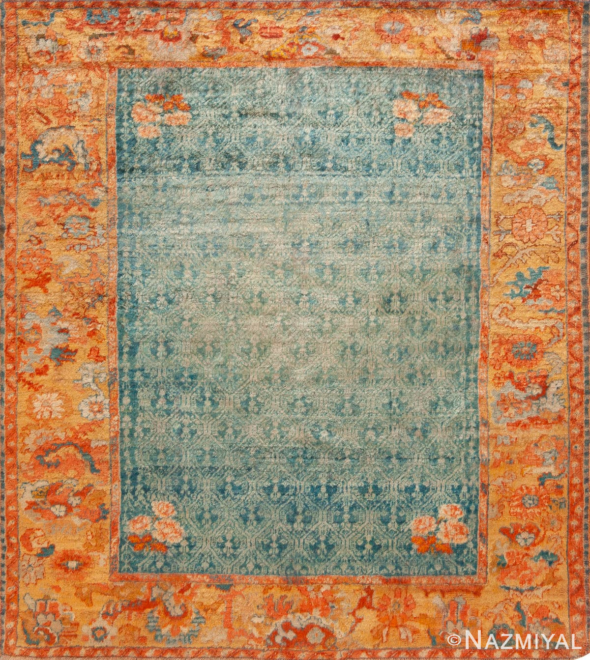 Rare Small Square Shape Luxurious Antique Turkish Angora Oushak Rug 72690 by Nazmiyal Antique Rugs