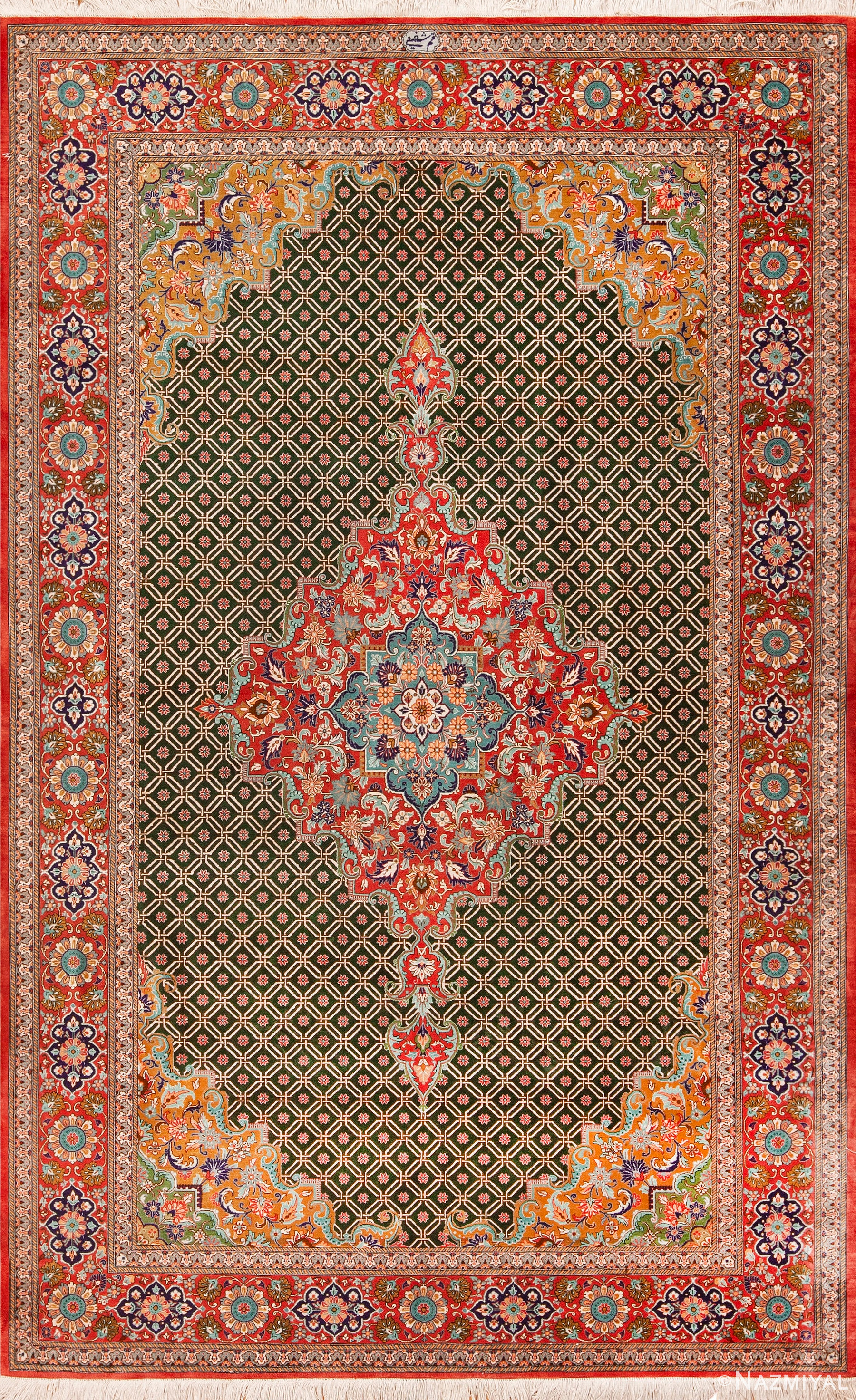 Small Artistic Green Background Fine Luxurious Vintage Qum Persian Silk Rug 72761 by Nazmiyal Antique Rugs