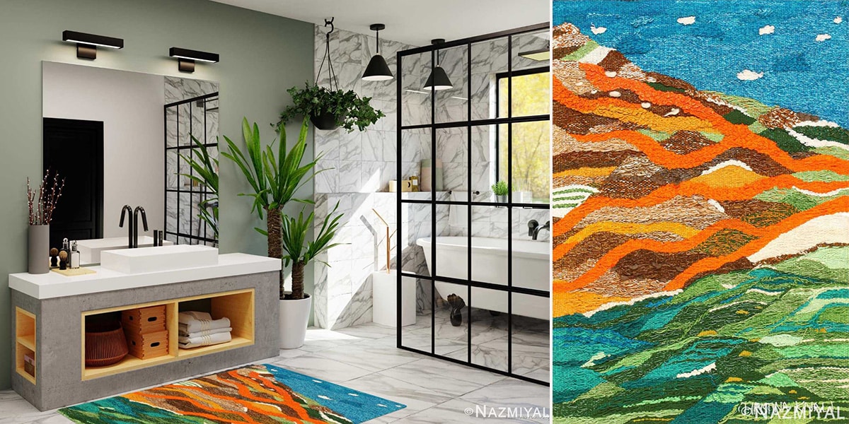 Hygge Design Bathroom With Vintage Scandinavian Tapestry Rug by Christina Knall 48190 by Nazmiyal Antique Rugs