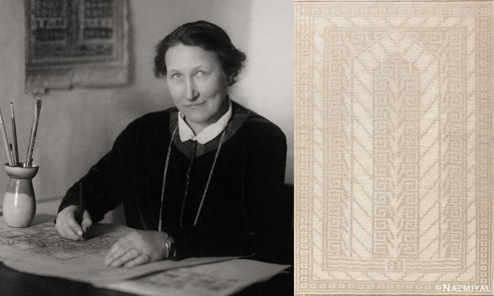 Märta Måås-Fjetterström and One Of Her Rugs - A Vintage Swedish Scandinavian Vita Spetsporten Rug Märta Måås-Fjetterström and One Of Her Rugs - A Vintage Swedish Scandinavian Vita Spetsporten Rug 48830 by Nazmiyal Antique Rugs
