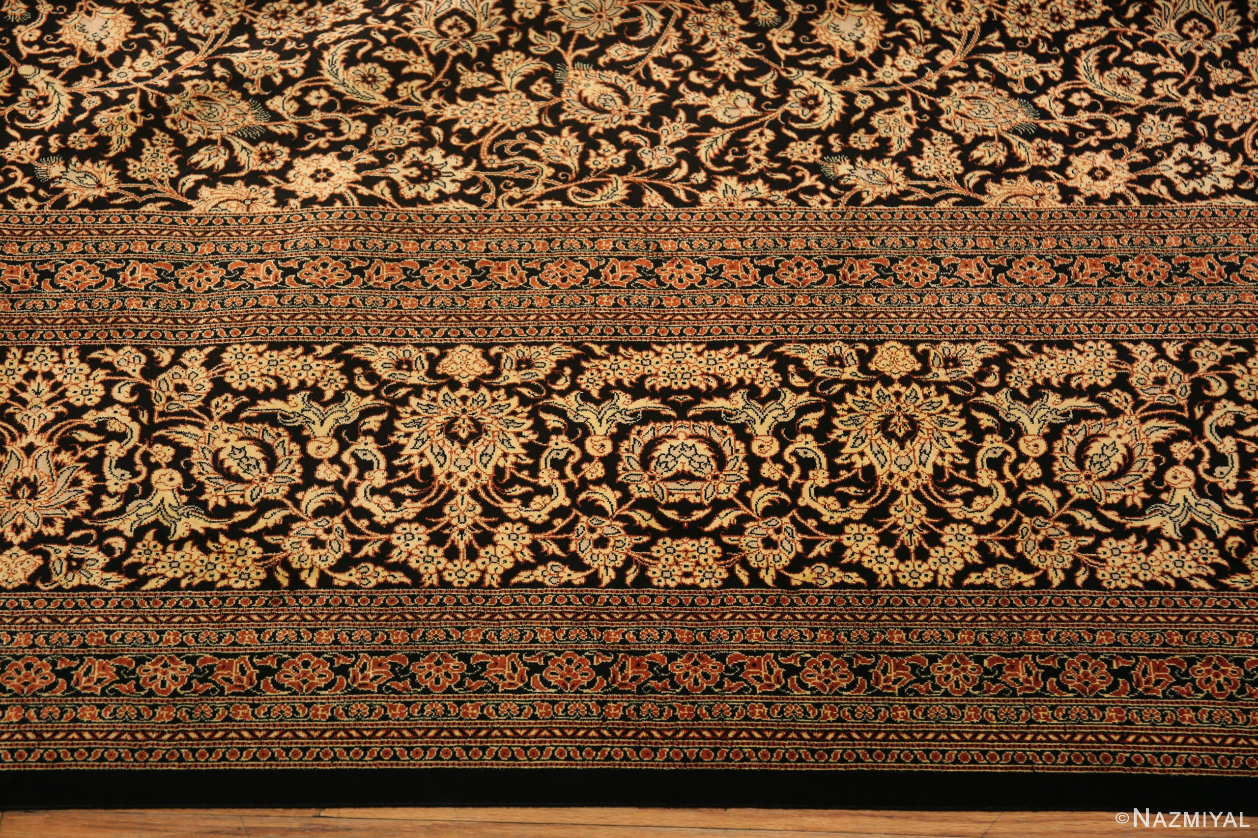 Border of Fine Allover Floral Design Luxurious Room Size Vintage Persian Silk Qum Rug 72742 by Nazmiyal Antique Rugs
