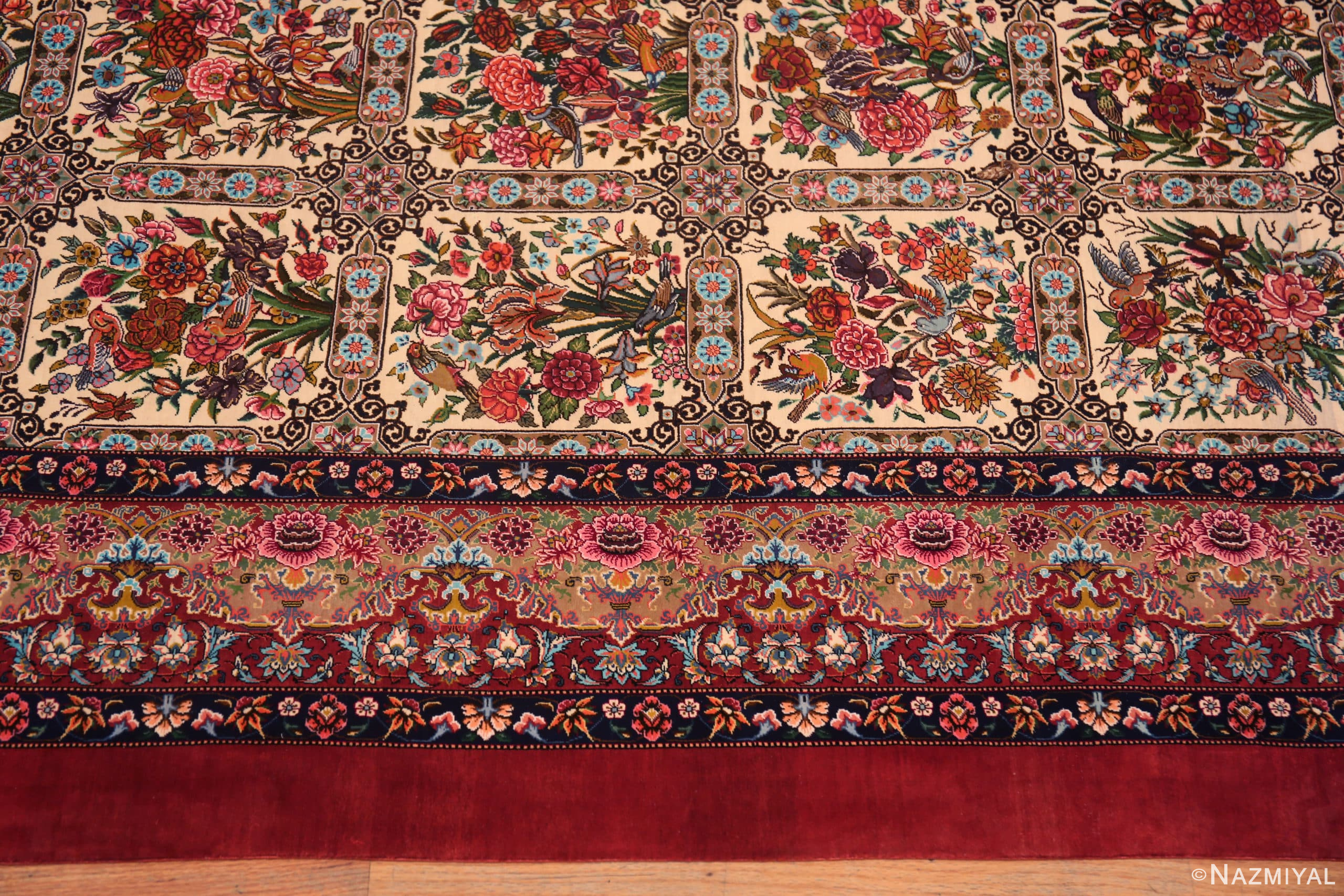 Border of Fine Long Narrow Gallery Size Vintage Garden Design Silk Persian Qum Rug 72743 by Nazmiyal Antique Rugs