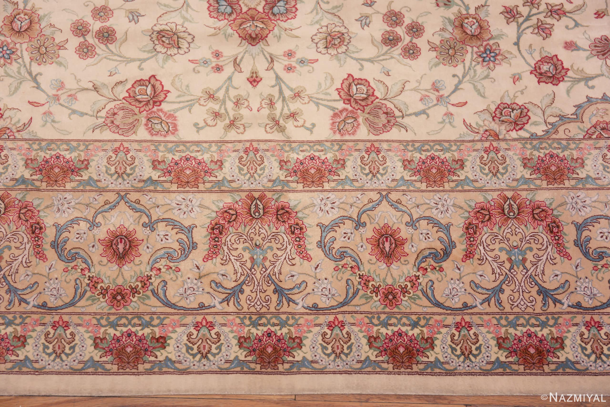 Border of Fine Luxurious Floral Room Size Vintage Persian Silk Qum Rug 72745 by Nazmiyal Antique Rugs