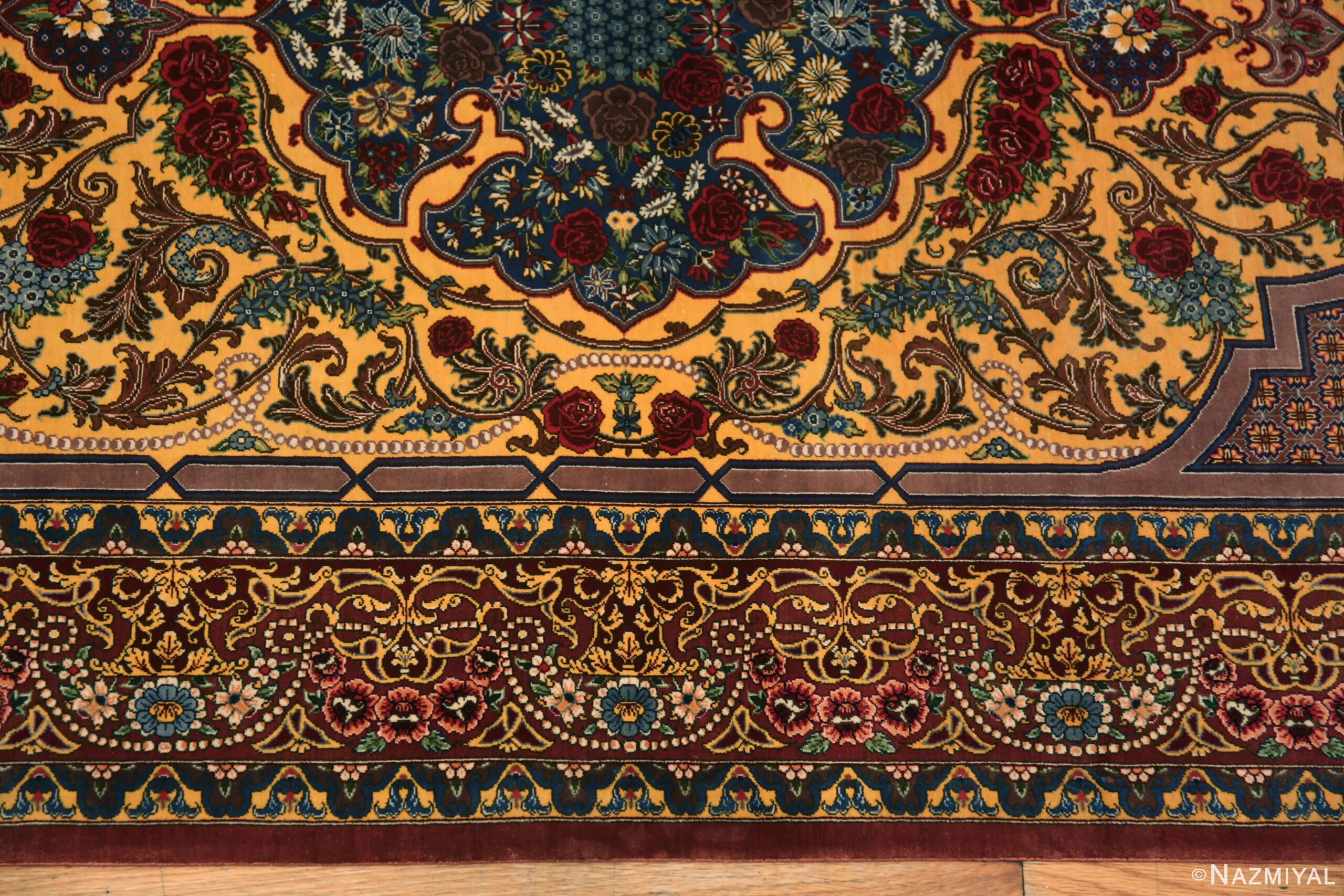 Border of Fine Small Artistic Gold Color Luxurious Vintage Persian Silk Qum Rug 72773 by Nazmiyal Antique Rugs