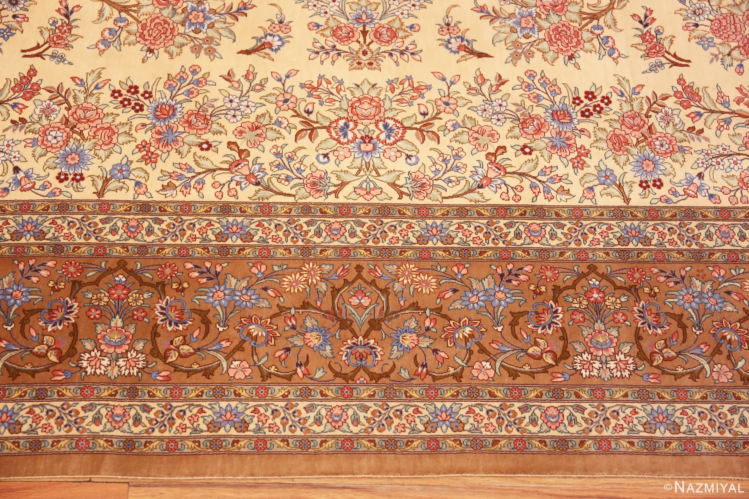 Border of Luxurious Fine Ivory Vintage Persian Silk Floral Gonbad Design Qum Rug 72749 by Nazmiyal Antique Rugs