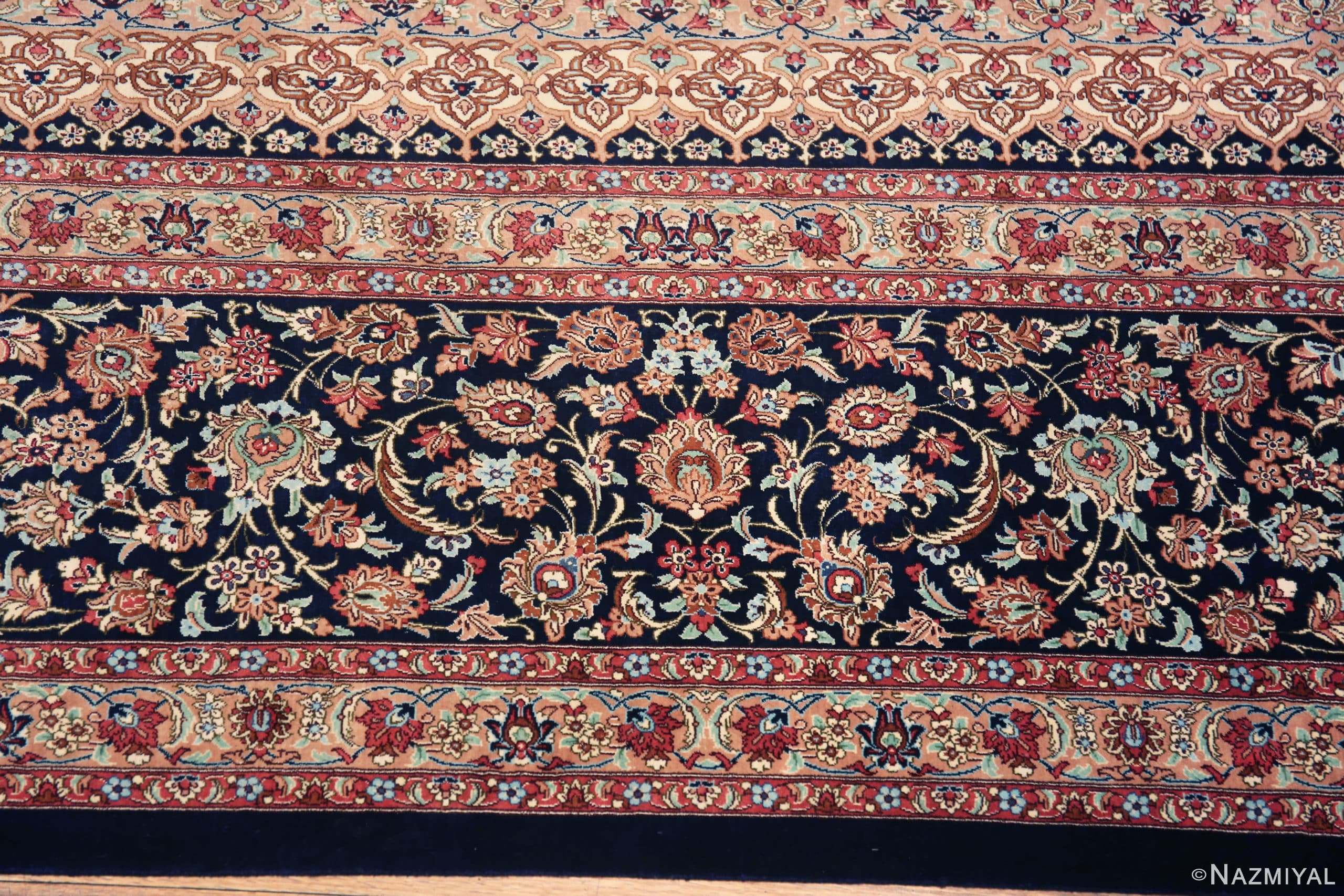Border of Luxurious Room Size Silk Vintage Blue Persian Fine Qum Gonbad Design Rug 72741 by Nazmiyal Antique Rugs