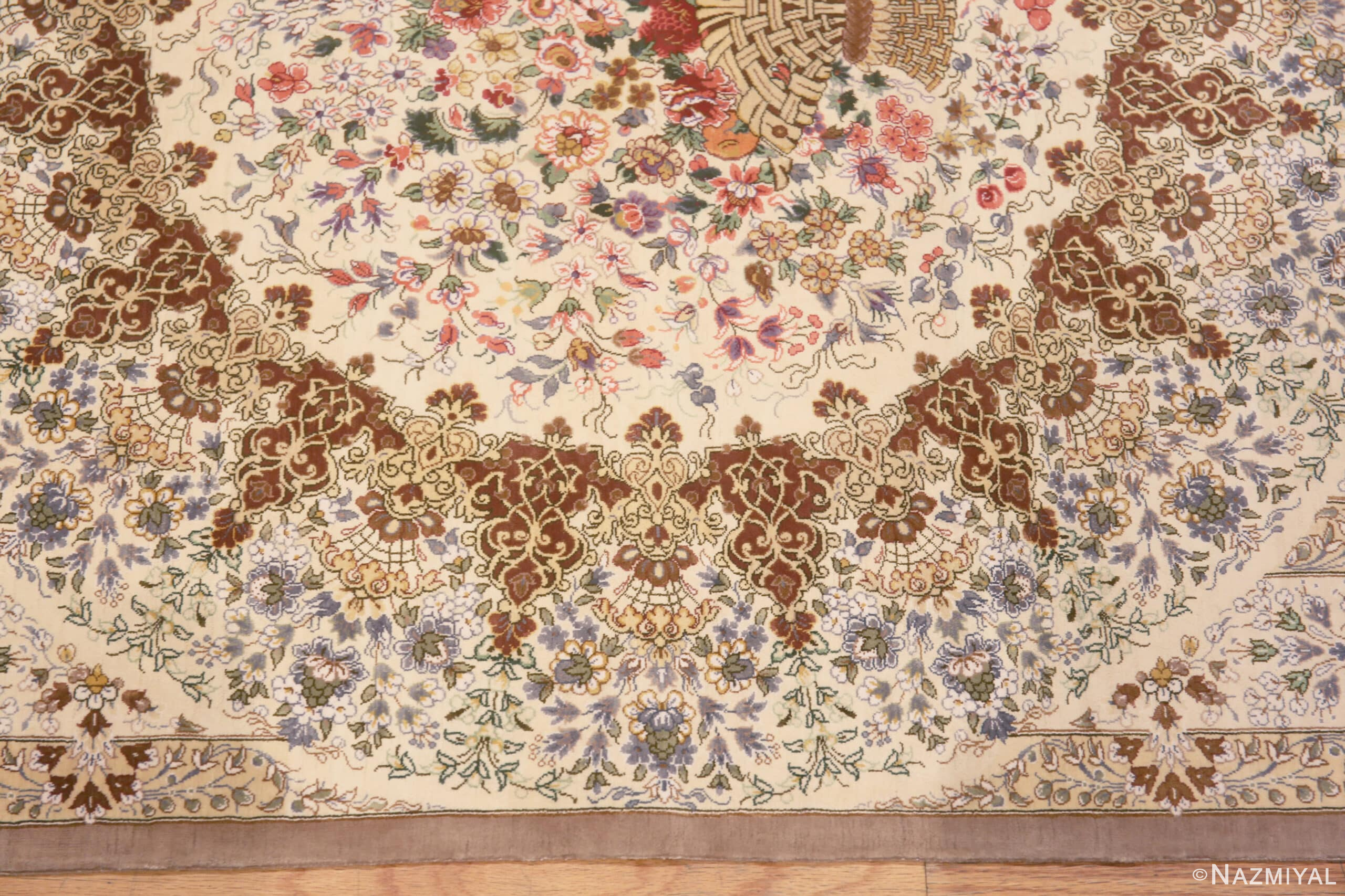 Border of Luxurious Small Size Fine Weave Artistic Floral Design Vintage Persian Silk Qum Rug 72766 by Nazmiyal Antique Rugs