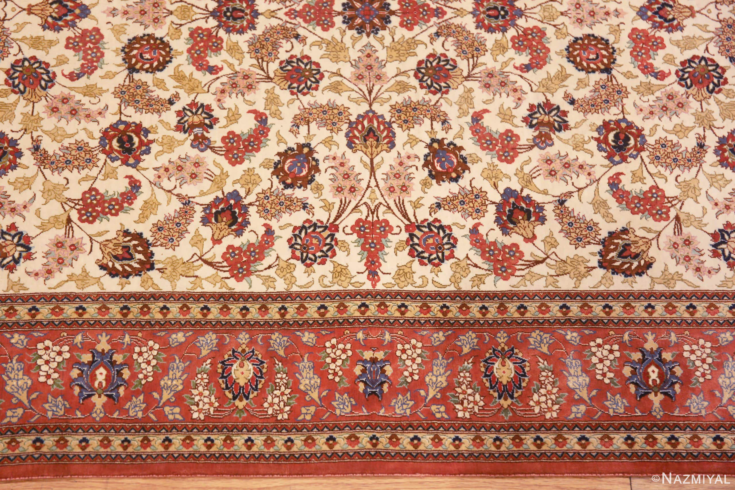 Border of Small Fine Ivory Color Floral Design Vintage Persian Silk Qum Luxury Rug 70809 by Nazmiyal Antique Rugs