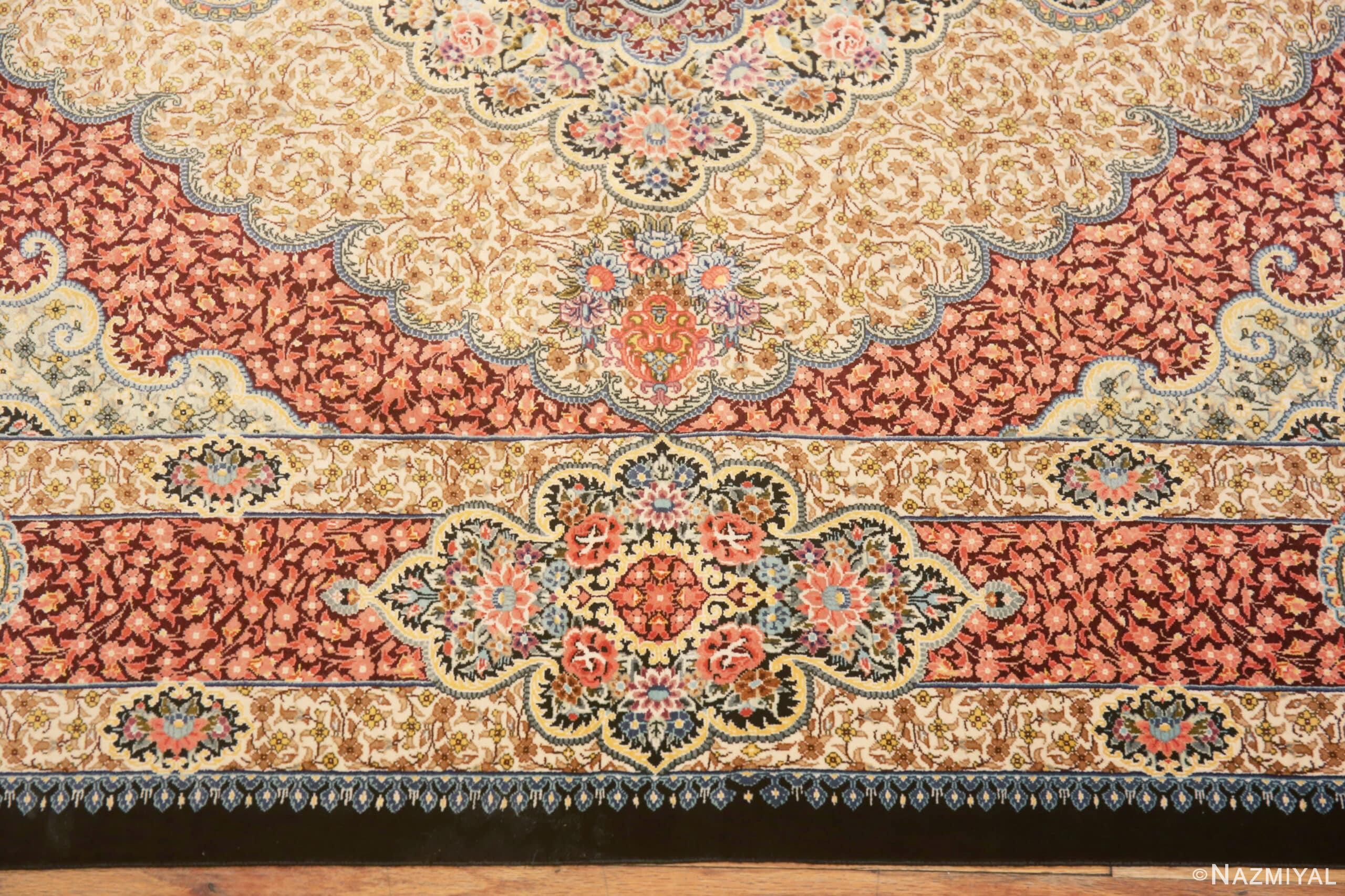 Border of Small Scatter Size Fine Luxurious Floral Vintage Persian Silk Qum Rug 72771 by Nazmiyal Antique Rugs