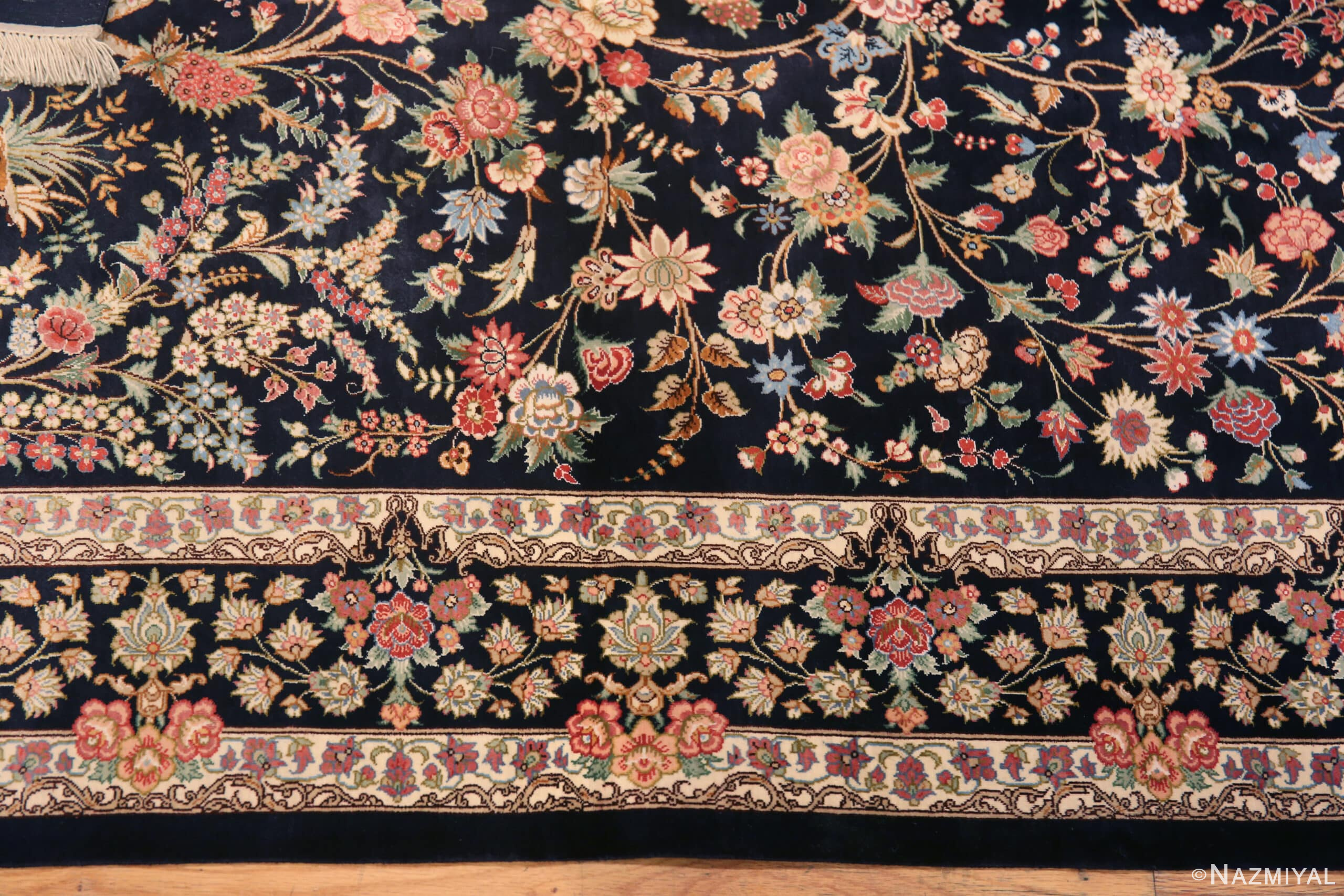 Border of Small Size Floral Design Luxurious Vintage Persian Silk Qum Rug 72764 by Nazmiyal Antique Rugs